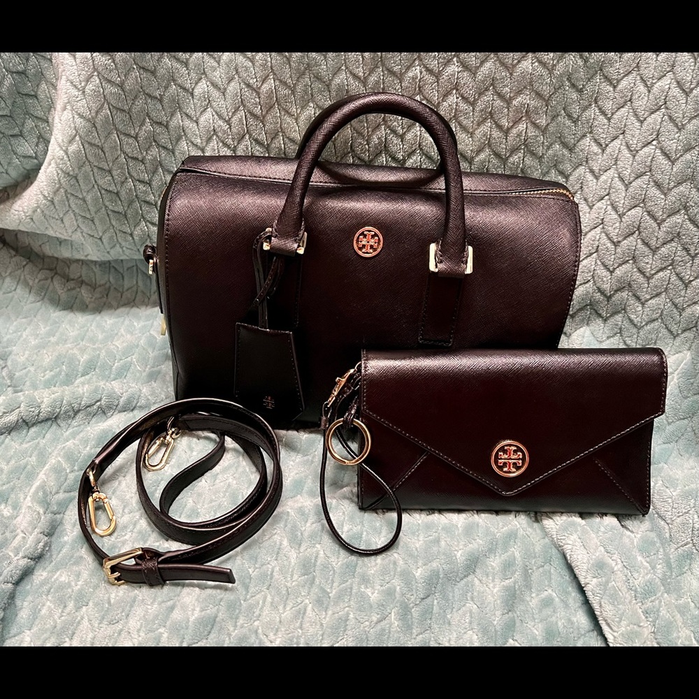 Tory Burch Black Saffiano Leather Convertible tote/crossbody & matching wristlet
